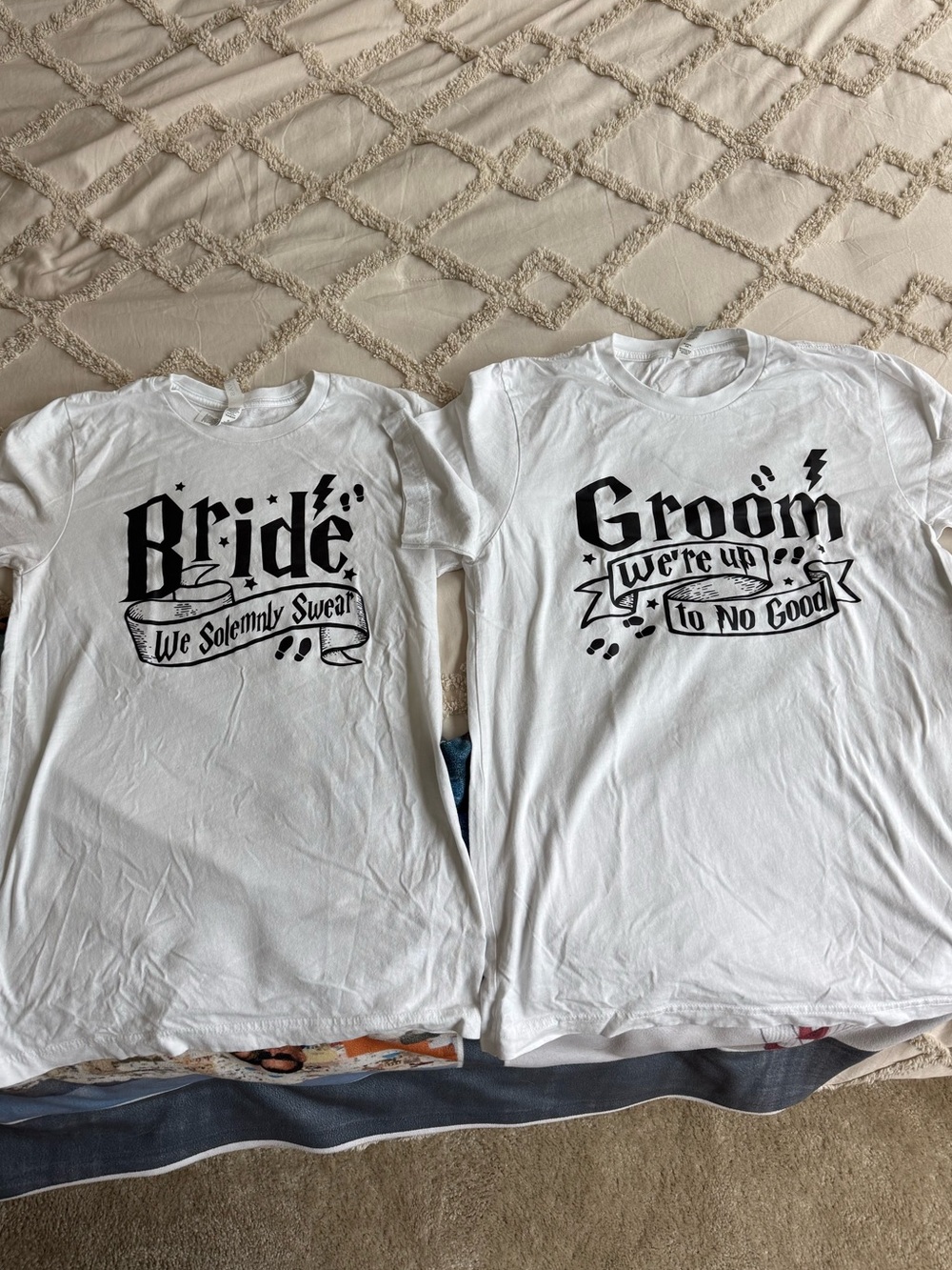 Bride & Groom Matching White Graphic T‑Shirts (size -S Women, size-M men)